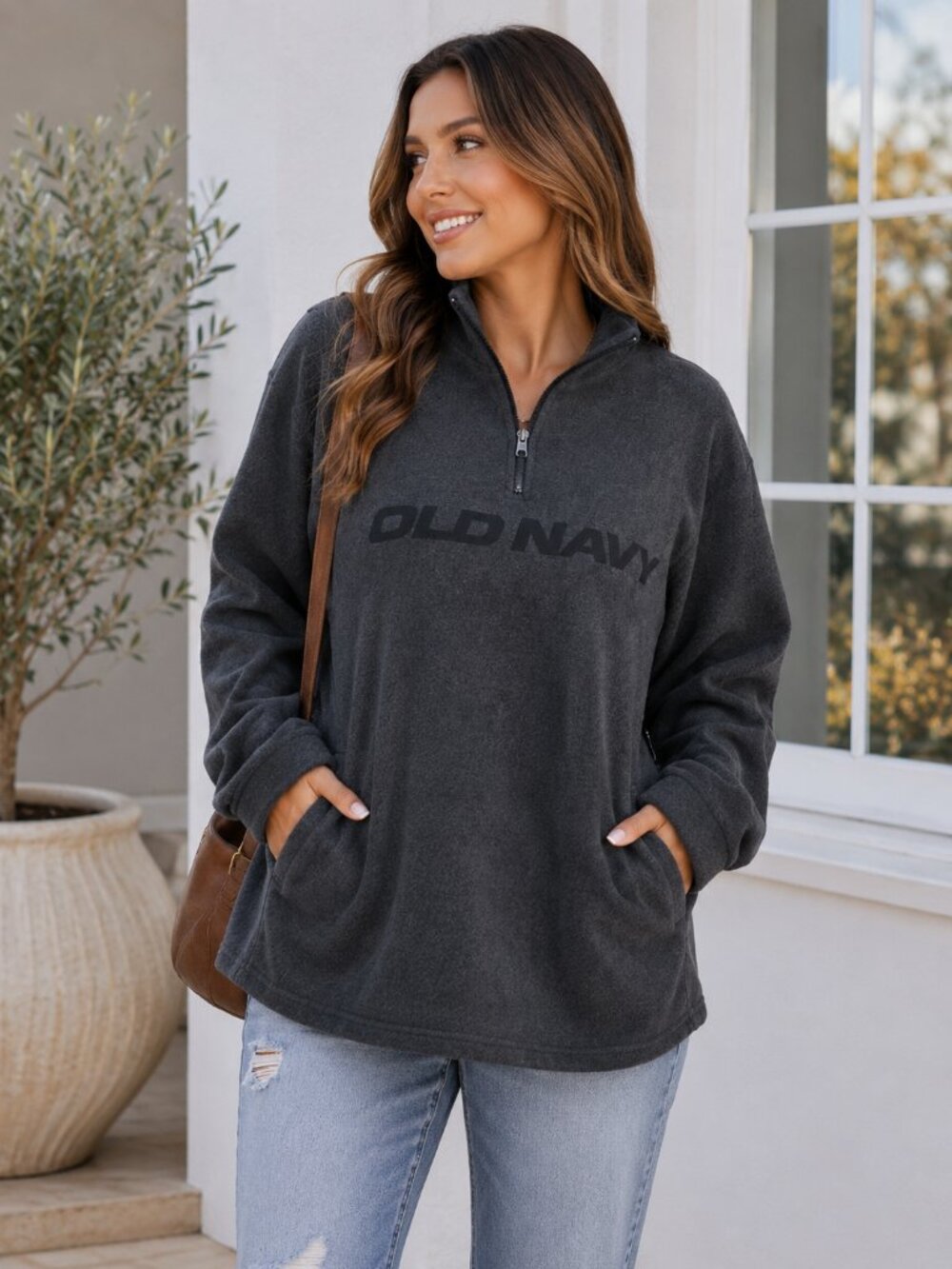 Old Navy Charcoal Gray Quarter Zip Fleece Pullover Pockets Large